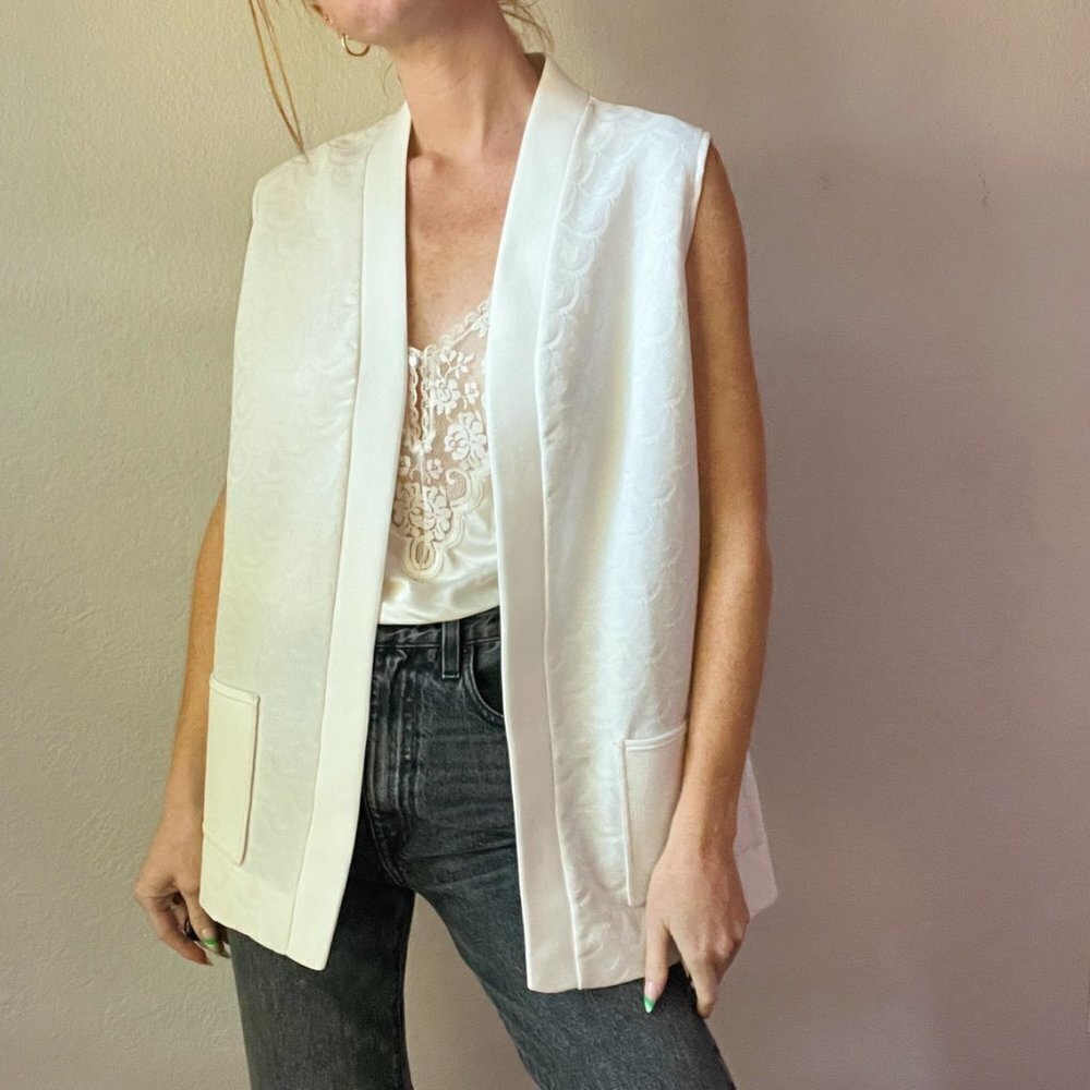 Vintage 1970's White Knit Open Front Cardigan Vest